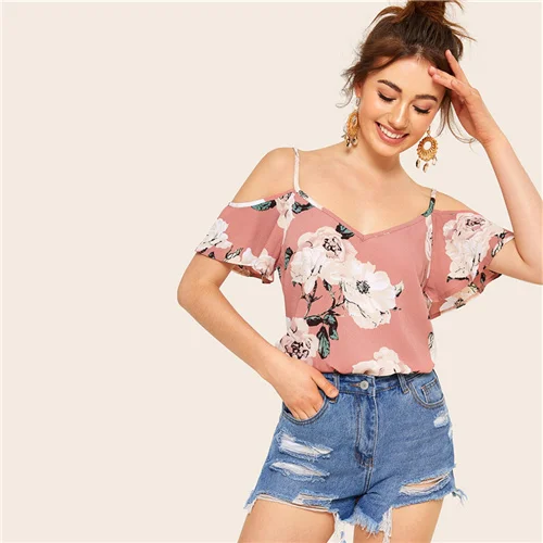 Розовый COLROVIE розовый большой цветочный принт с открытыми плечами Boho блузка на бретельках женская рубашка летняя корейская мода для отдыха женские блузки - Цвет: Розовый