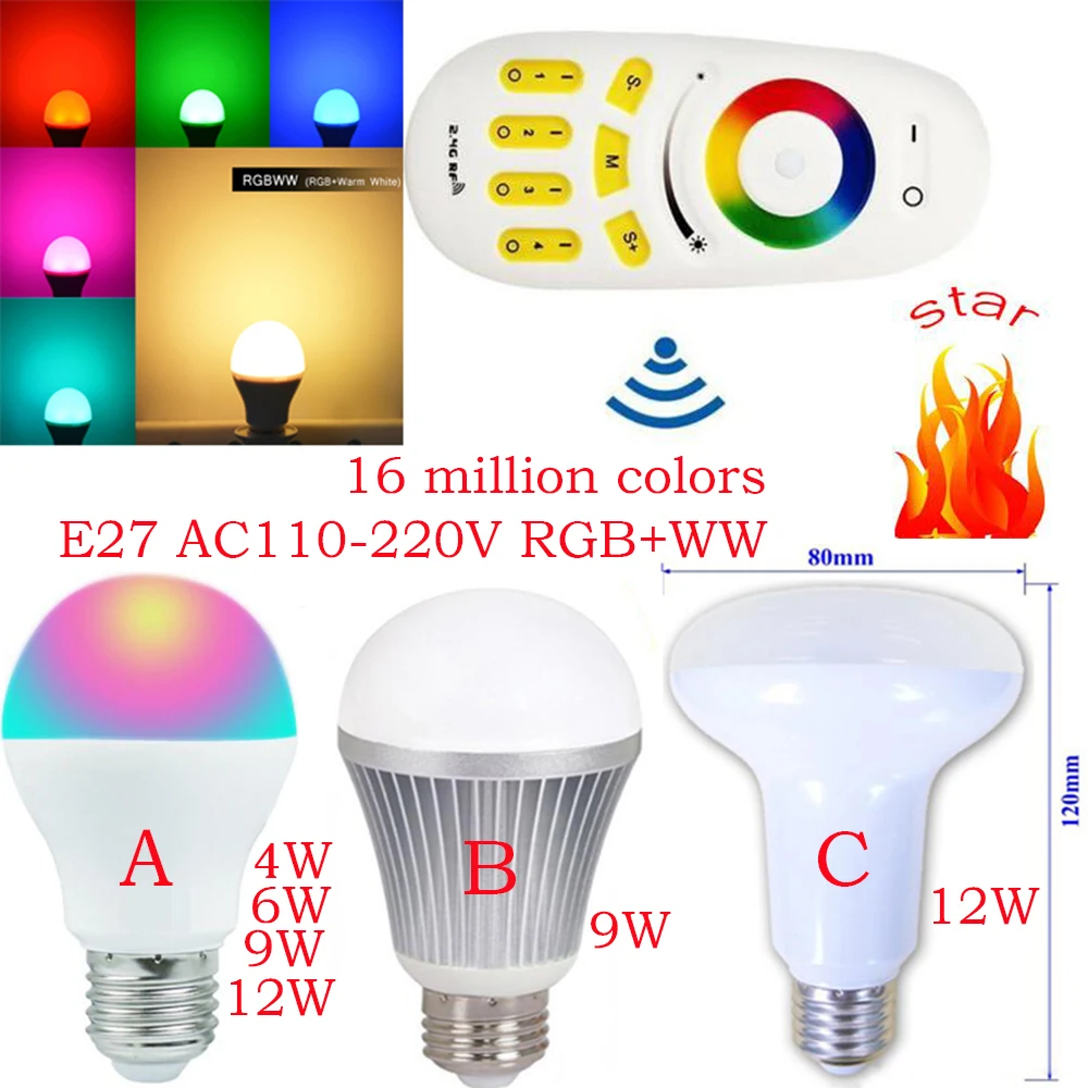 

E27 4W 6W 9W 12W RGB + теплый белый 16 миллионов цветов 2,4G RF половина сенсорного пульта дистанционного управления может групповое управление лампочкой