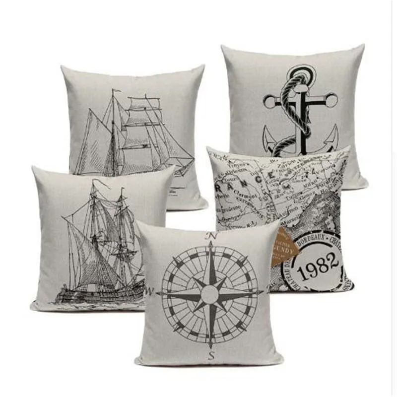 

vintage cushion covers Marine Style Hand Painted Ship Almofadas 45Cmx45Cm Square Home Decor 1 Side Printing Outdoor Pillows