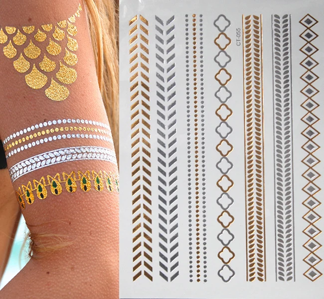 

Flash Metallic Waterproof Tattoo Gold Silver Women Fashion Henna Peacock Feather Design Temporary Tattoo Sticker