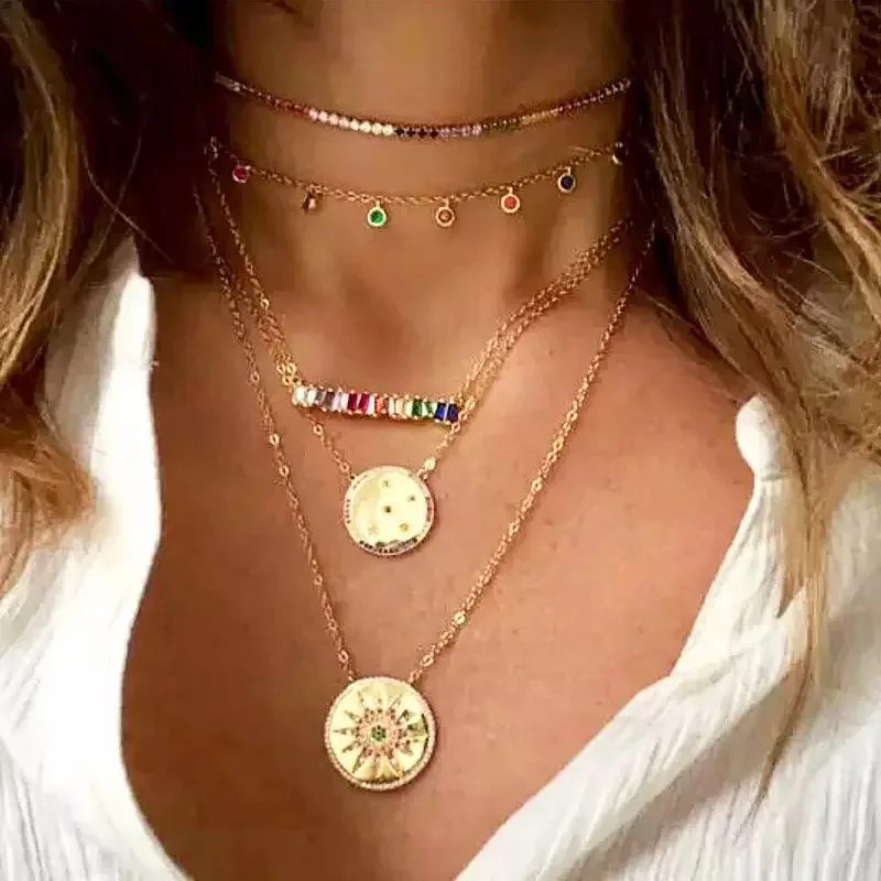 

2020 high quality Rainbow Necklaces women Pendants cz stone geometric long Gold necklace custom fashion Jewelry choker gifts