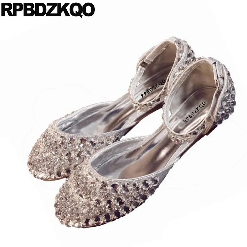 свадьба Женская платье обувь Круглый носок Серебряный кристалл сандалии Bling