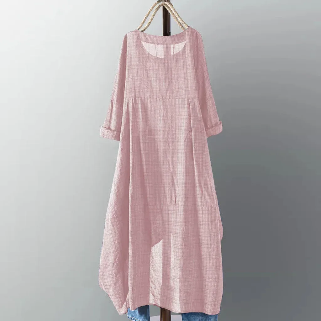 JAYCOSIN 2019 Women Check Plaid Summer O-Neck Long Sleeve Irregular Shirt Dress Vintage Split Hem Cotton Vestido dropship | Женская