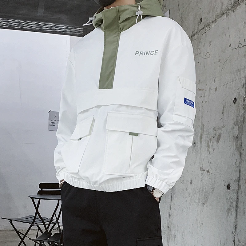 Мужская ветровка с передним карманом свободная повседневная куртка капюшоном 2019