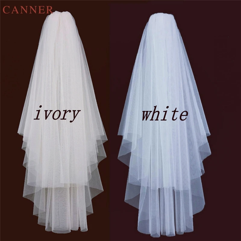 Фата свадебная двухслойная с гребнем простая короткая Тюлевая цвета слоновой