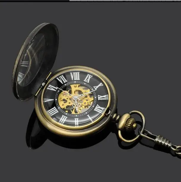 

Vintage Bronze antiques magnifying glass Black Roman numeral display men Mechanical pocket watch gift
