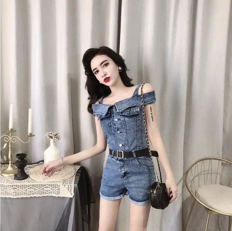 

2020 new summer fashion dress sling one word shoulder slim slimming shorts denim straps connected pants women tide
