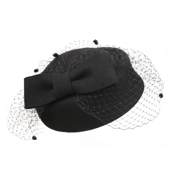 Black Fascinator Hats for Women Fedora Hats Black Red Autumn Winter Veil Wool Felt Pillbox Hat for Formal Cocktail Party Wedding Hat - Color: Black