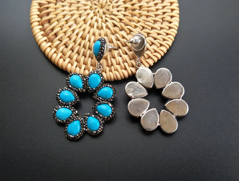 

5pair handmade Gorgeous Flower Vintage Bohemia blue stone water drop translucent crystal pave rhinestone Earrings for women E131