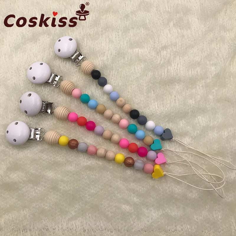 

1PC Baby Pacifier Clip Natural Wooden Dummy Clip Silicone Beads Pacifier Chain Infant Soother Nipple Strap Baby Teether