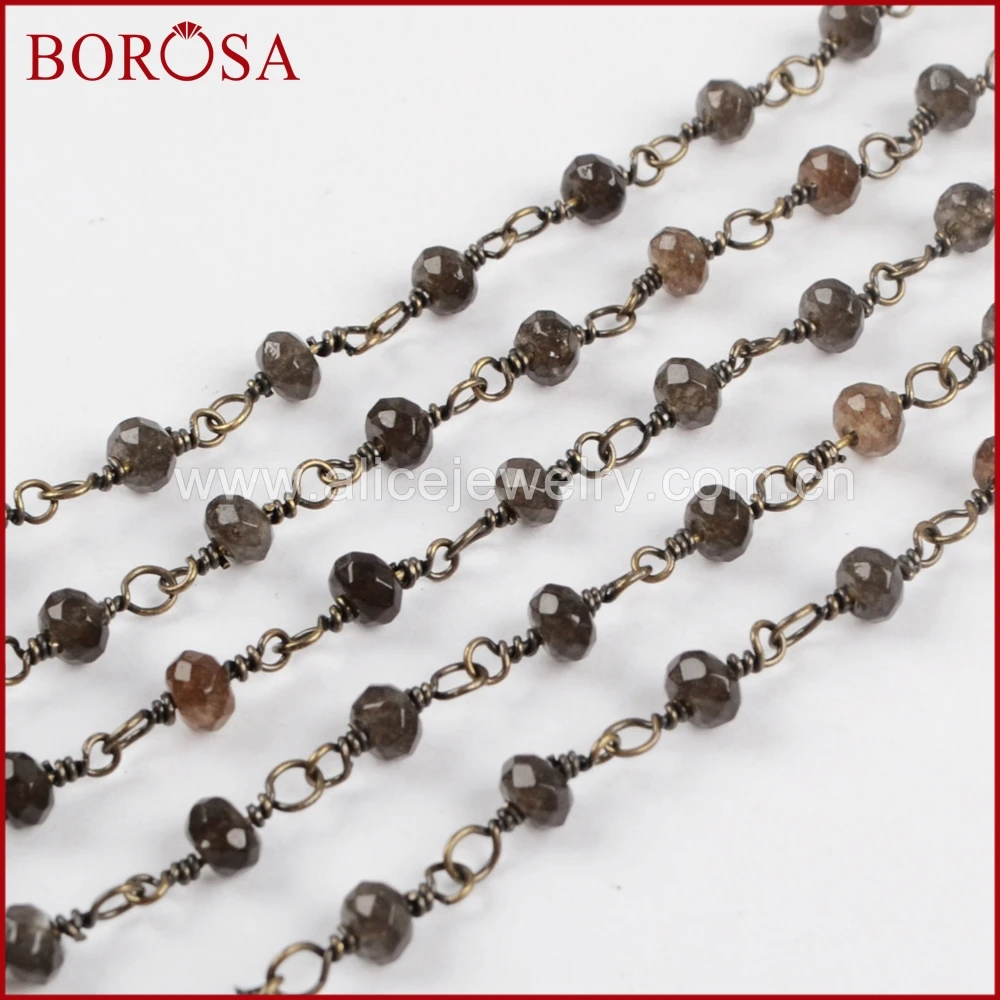 

BOROSA New Gold Color Dark Gray Chal-cedony Roundel Faceted Beads Rosary Chain Fashion Beaded Chains for Jewelry Making JT212