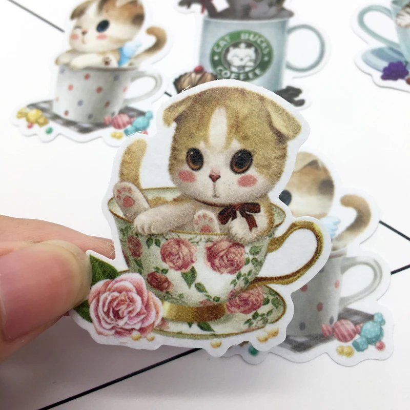 10 шт. DIY милый кот в чашке бумага Васи стикер Дневник, фотоальбом наклейки для блокнота