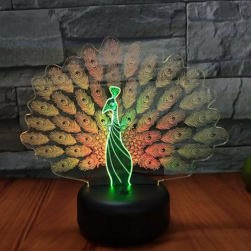 Павлин открытый экран 3d визуальная Ночная настольная лампа светильник