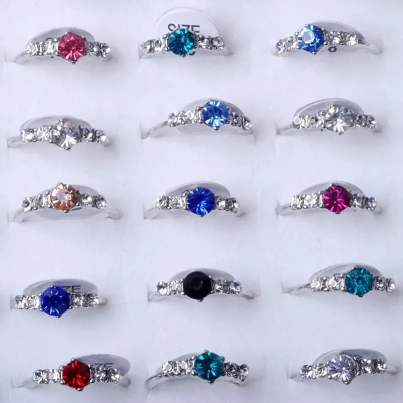 50pcs/lot Mixed Crystal Silver Plated Rings for Women Multicolor Rhinestone Wedding Female Jewelry Brand Design Rings