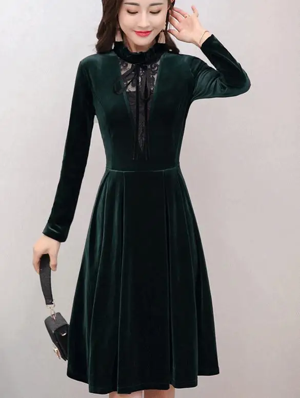 Женское летнее платье 2019 модное золотистое бархатное с длинным рукавом в новом