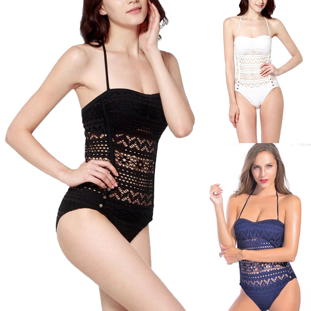 Женский сексуальный вязаный крючком слитный купальник на шнуровке купальный