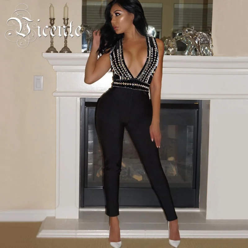 

VC HOT Hot Luxe Heavy Workmanship Multi Beads Embellished Deep Vneck Women Bodysuit Bandage Jumpsuit