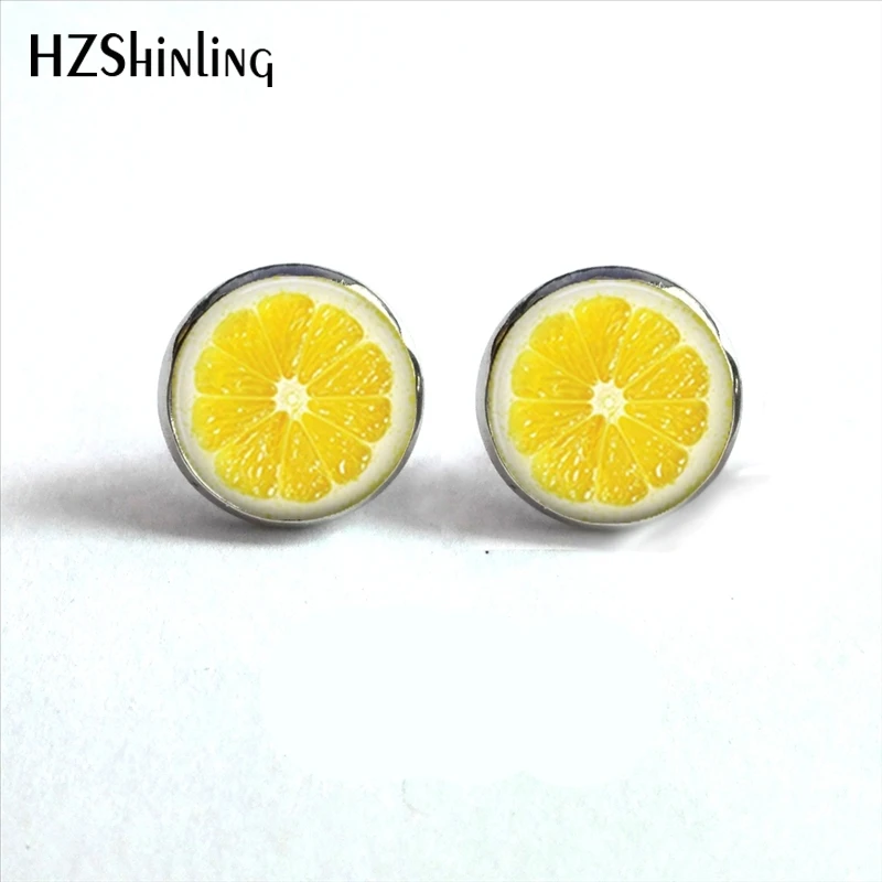 

NES-0099 Lemon Slice Earrings Cherry Ear Studs Red Stud Earring Fruits Jewelry Glass Cabochon Earrings Handmade HZ4