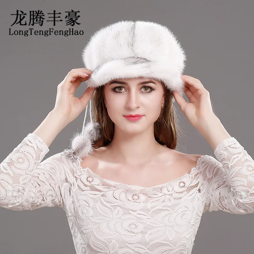 Женская шапка из цельного меха норки элегантная вязаная 100% натурального