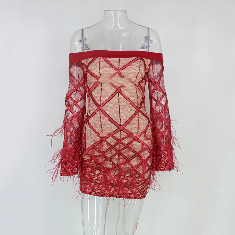 DRESSMECB, летнее, с открытыми плечами, сексуальное, с перьями, мини, платья для вечеринок, для женщин, с вырезом лодочкой, элегантное, облегающее, женское платье, Vestidos