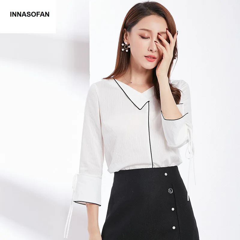 INNASOFAN OL shirt women's Spring-Summer cotton blouse Euro-American fashionable chic with V-neck and three quarter sleeve | Женская