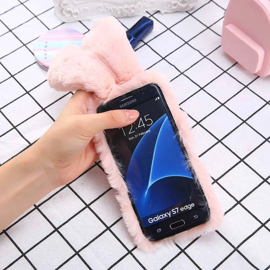 Чехол с милыми кроличьими ушками и мехом для samsung Galaxy S8 Plus S7 S6 edge J3 J5 J7 A5 A7, Модный Блестящий пушистый чехол для телефона s