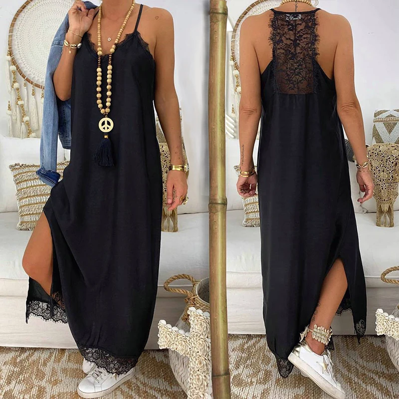 

2022 Women Summer Bohemian Sexy Solid Lace Sleeveless Ankle-Length Sling Holiday Party Dress New Fashion Beach Sundress