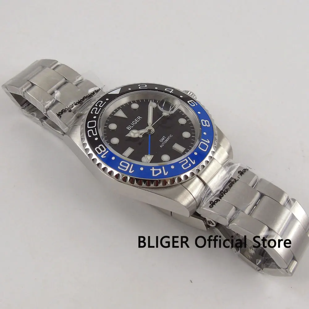 Bliger 40 мм GMT функция сапфировое стекло керамический ободок черный циферблат