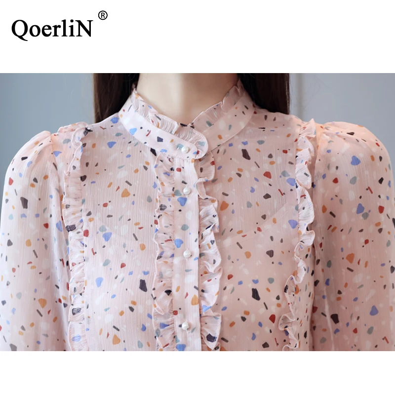 QoerliN женская блузка с цветочным принтом Летняя мода Половина рукава оборки шеи