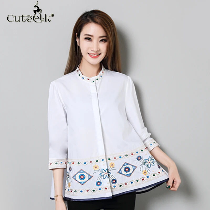 2017 blusas Винтаж Рубашки домашние муж. Для женщин короткий рукав цветок Вышивка