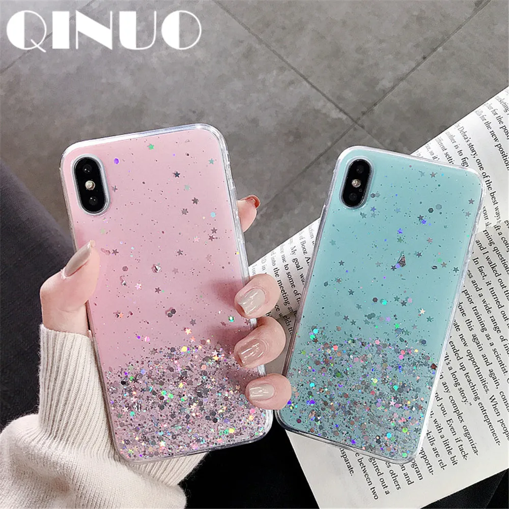 Мягкий чехол QINUO с блестками для iphone 8 7 Plus 6 s прозрачный эпоксидной звездой X XR XS MAX