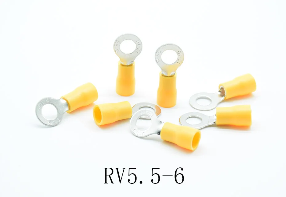 50 шт./упак. RV5.5-4/5/6/8/10/12 желтый изолированный терминал кольца Костюм 4-6mm2 кабель для соединения проводов обжимной терминал AWG