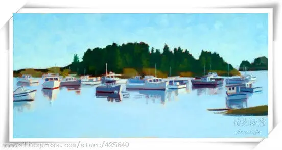 Парусники плавающие на озере пейзаж картина маслом холсте высокое качество