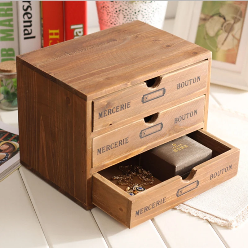 

Wooden Desktop Finishing Cabinet Three-tier Storage Box Home Office Supplies Retro Wooden Storage Boxes Crafts Gifts Housekeeper