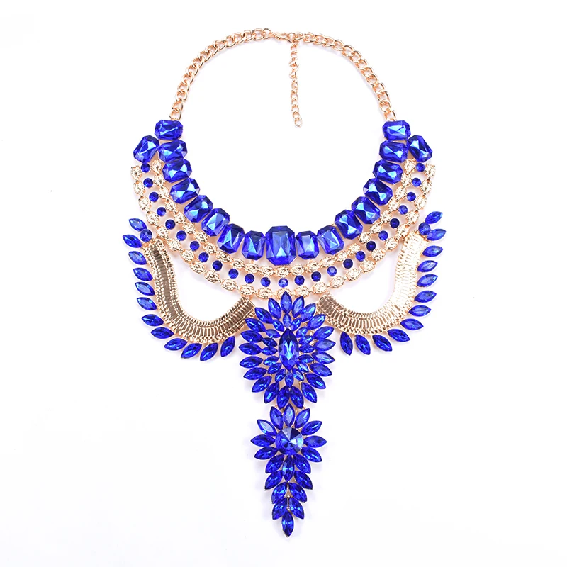 Модное женское ожерелье с крупными кристаллами синего и черного цвета большой