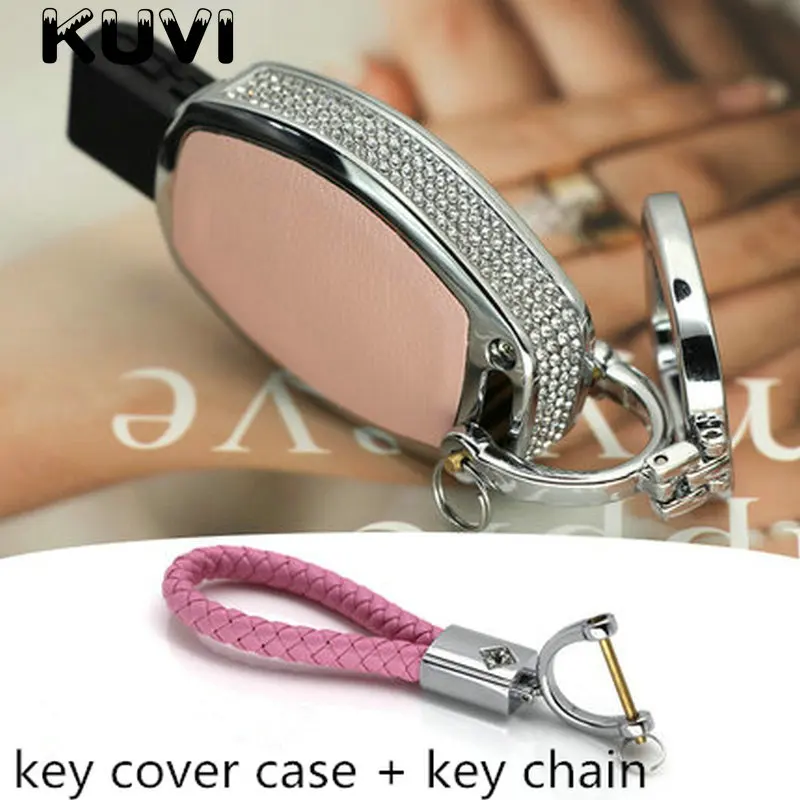 pink with keychain Алмазный цинковый сплав Кожаный Автомобильный ключ сумка чехол держатель ключа для Mercedes Benz W203 W210 W211 W124 W202 W204 AMG аксессуары - Название цвета: pink with keychain