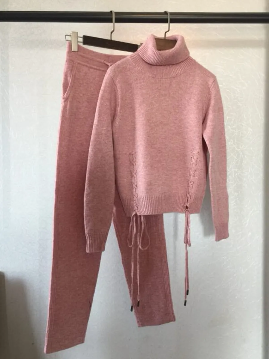 Tracksuits Promotion Wool Full 2020 Spring New Cashmere 2 Piece Set Classic Cross Tie Fashion Casual Two-piece Suit Female Solid
