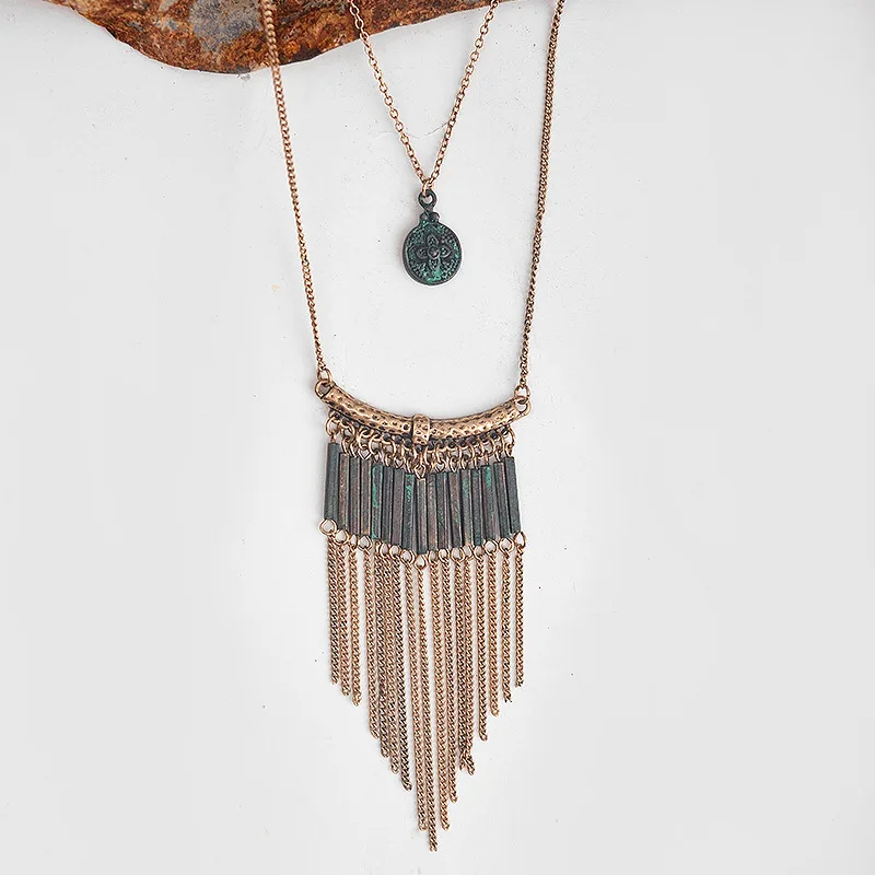 LGZH Vintage Tassel Pendant Necklace Antique Gold color Long Chain Patina metal Tube Women Ethnic Collar Jewelry | Украшения и