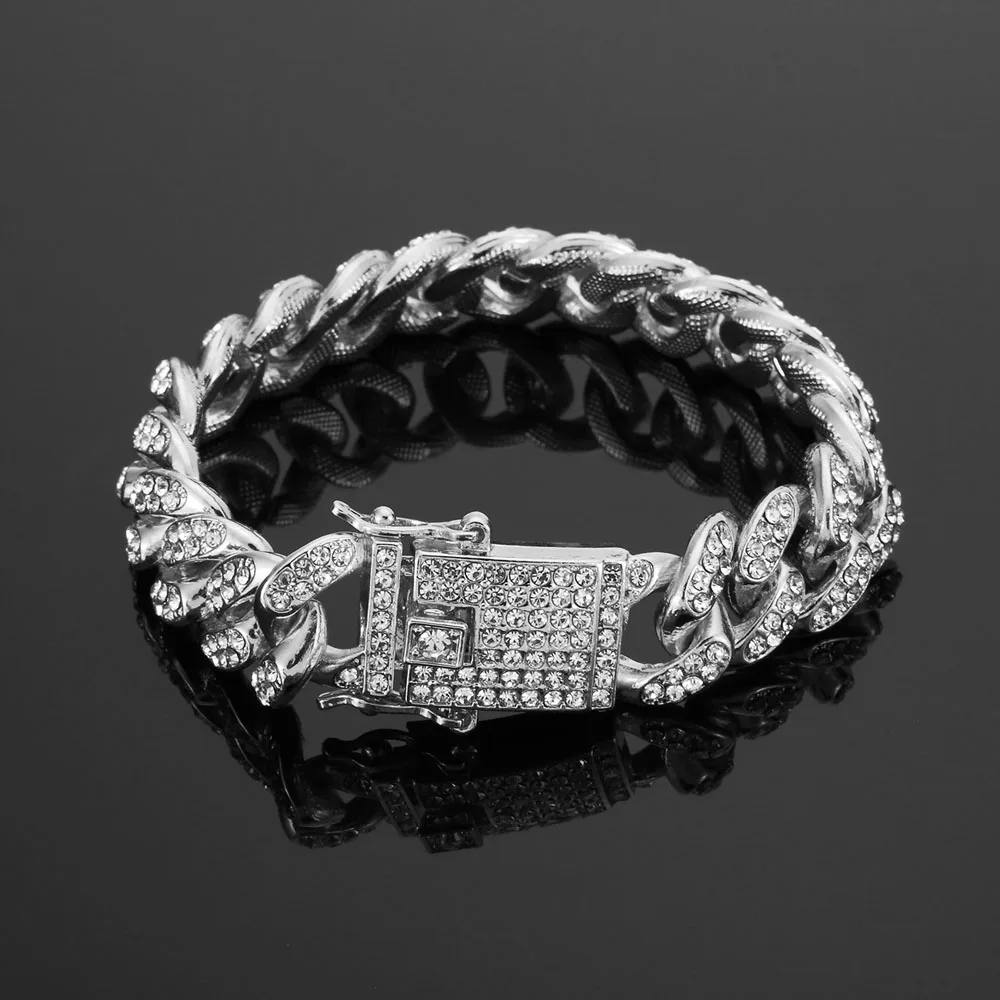 Хип-хоп Полный Bling CZ кубический цирконий Ювелирные наборы Золото Серебро кубинская цепь звено ожерелья шкатулка для браслетов застежка наборы миамский Кубра