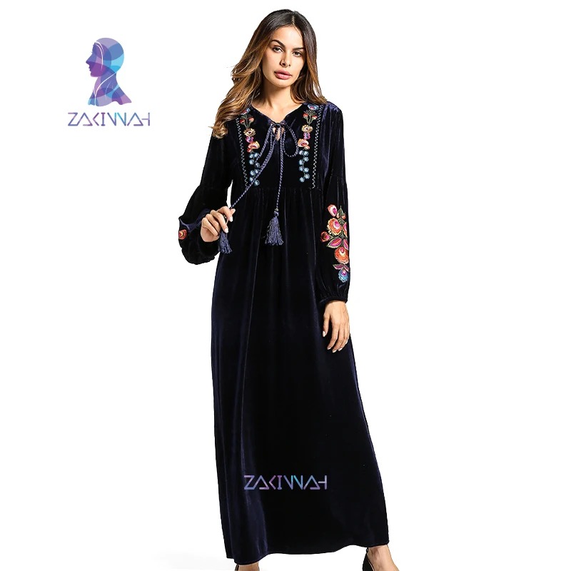 Модное женское платье с бархатной вышивкой зимнее Макси-платье Abaya длинное для