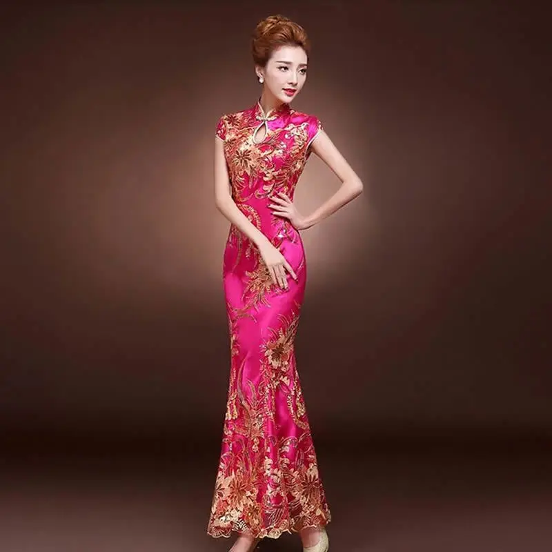 Модное сапфировое кружевное свадебное платье Qipao длинное с новогодней елкой, бумажный Тонкий ретро Qi Pao женские античные платья