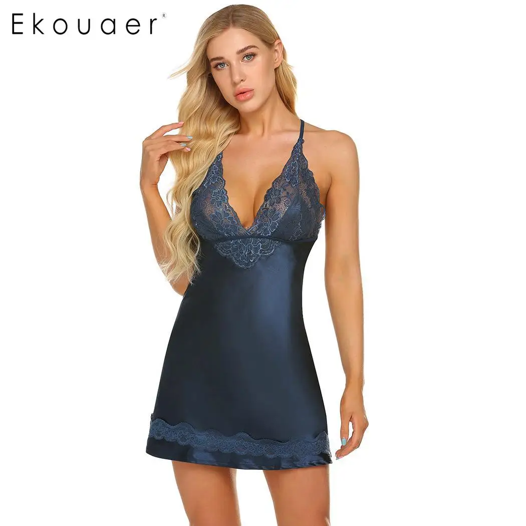 Navy Blue Ekouaer нижнее белье Ночная рубашка женская сексуальная летняя ночная рубашка кружевная Лоскутная ночная рубашка и стринги ночные рубашки женские платья для сна - Цвет: Navy Blue