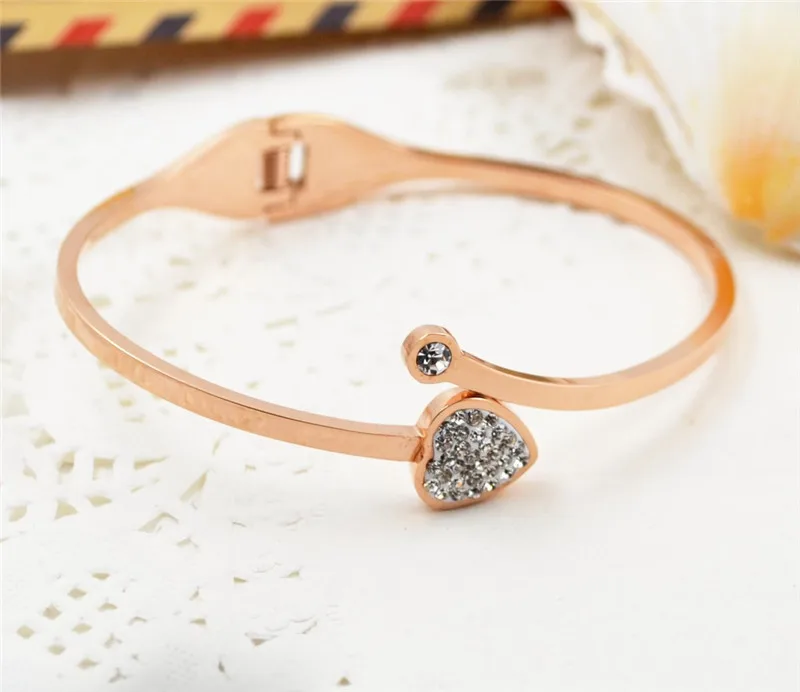 

YUN RUO New Arrival Elegant Crystal Heart Bangle Rose Gold Color Titanium Steel Jewelry Not Fade Woman Girlfriend Birthday Gift
