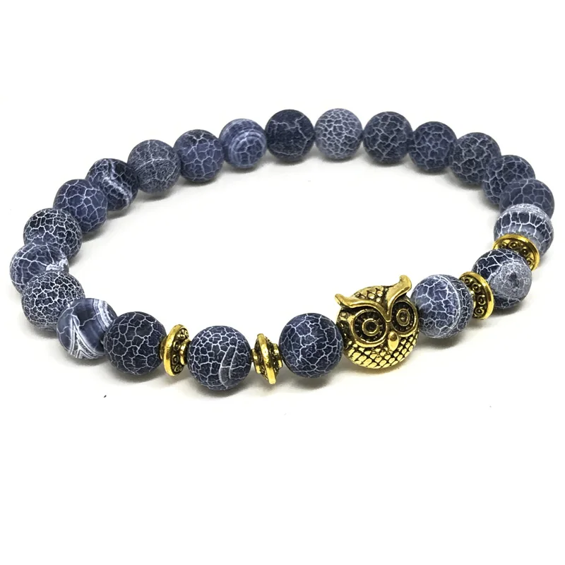 IRBACOO 2019 New Brand Bracelet 8 mm Weather Stone Blue Beads With Owl Charm For Women Beaded Bracelets Jewelry Gift | Украшения и