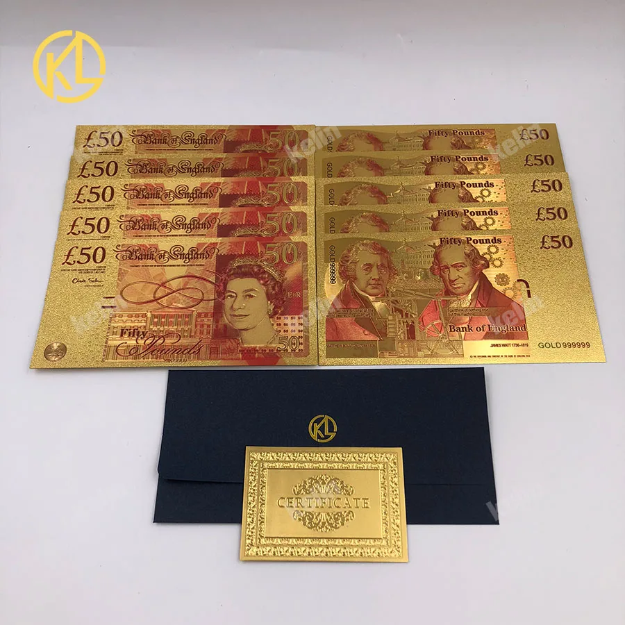 10pcs/lot UK Colorful Gold Banknote 50 Pound Banknotes in Plated Fake plastic Paper Money For Collection | Дом и сад