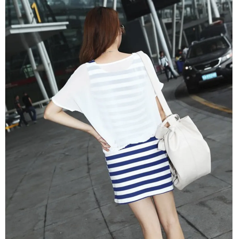 2014 new design Chiffon blouse stripe summer dress fashion Two-piece big size casual girl's free shipping | Женская одежда