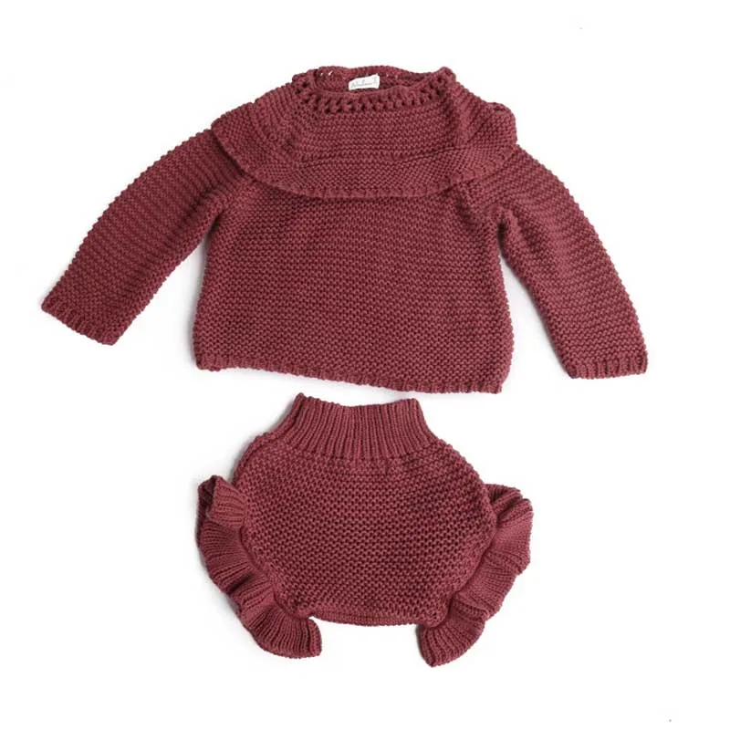 Baby knitting Clothing Sets Two Girls Suit Knit 0-2 Year Cotton Baby Long Sleeve Blouse+ Lotus Leaf Shorts Baby Clothing Set