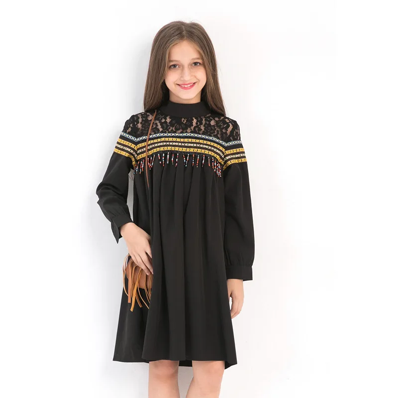 Long Sleeve Dress for Girls Elegant Lace Tassels Black Teenage Girl Clothing 8 10 12 14 years Kids Dresses | Детская одежда и