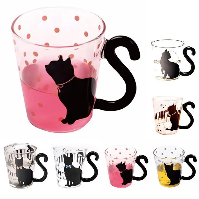 Антиобжигающая стеклянная кофейная кружка с котом чашка для чая молока в горошек