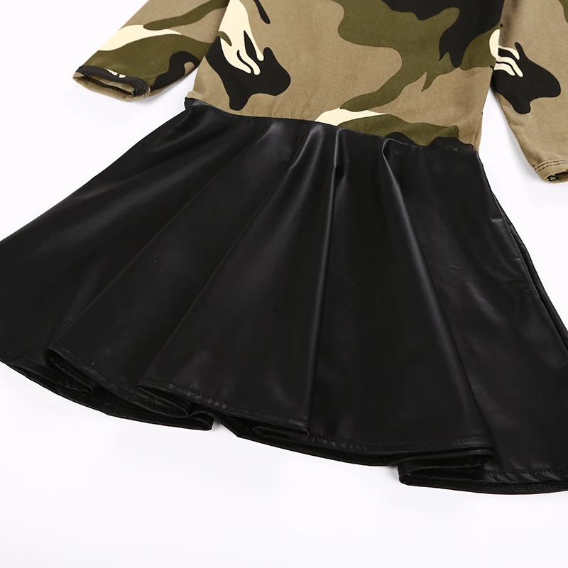SOSOCOER Kids Girl Dress Autumn Winter New Fashion Camouflage PU Stitching Long Sleeve Children Dresses Headband Girls Clothes | Детская
